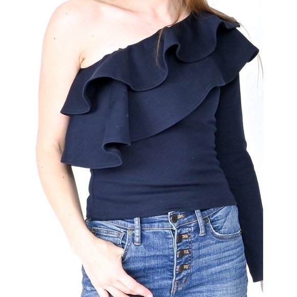 Amanda Uprichard Tops Strapless Side Ruffle Navy Blouse Amanda Uprichard Tops Strapless Side Ruffle Navy Blouse